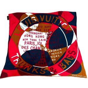 Louis Vuitton Paris Silk Square Scarf Cities Trunks & Bags Red/Blue 26" x 26"